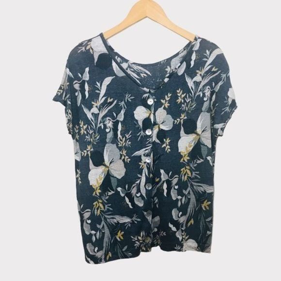 CYNTHIA ROWLEY 100% Linen Button Back Floral Top Size Medium - Picture 3 of 8